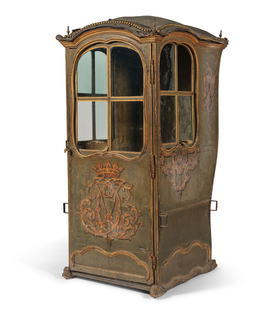 Portantina in legno e tela dipinta con monogramma coronato