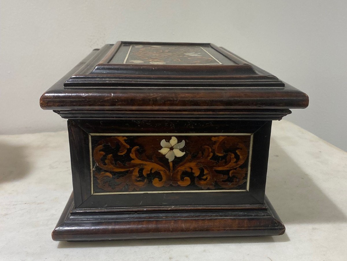 Cofanetto in noce intarsiato in legni pregiati e madreperla,Firenze-photo-3