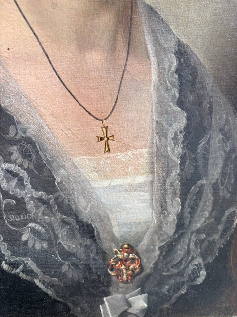 dipinto neoclassico, olio su tela, raffigurante una dama in cornice in legno dorato-photo-3