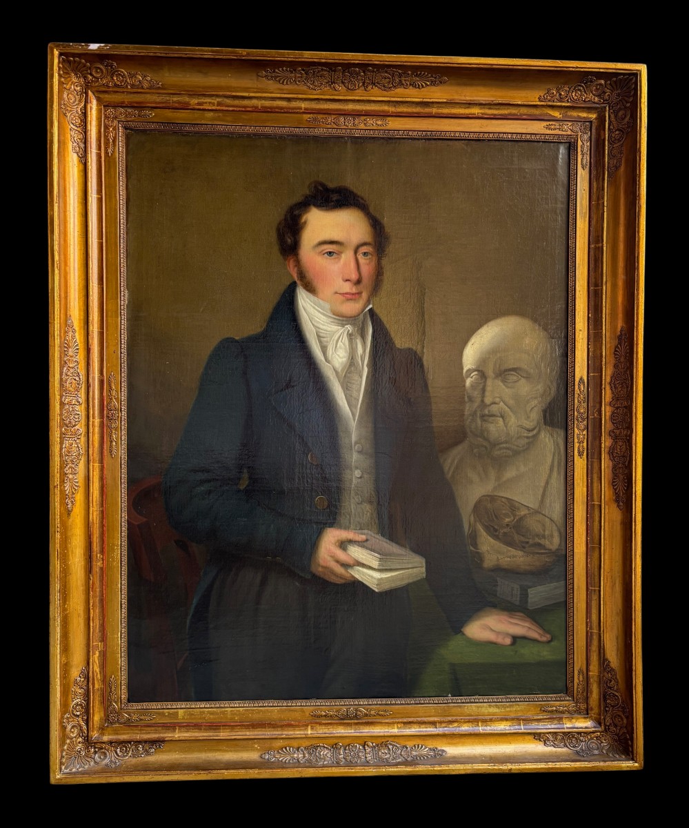 dipinto ad olio su tela  francese raffigurante il ritratto di un medico 