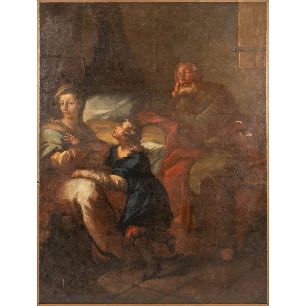 Grande dipinto raffigurante scena religiosa ( sogno di San Giuseppe ?)