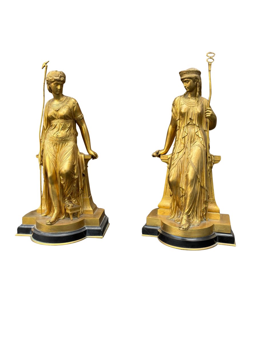 Coppia di sculture in bronzo dorato e marmo firmate e datate " Bouret 1872 " 