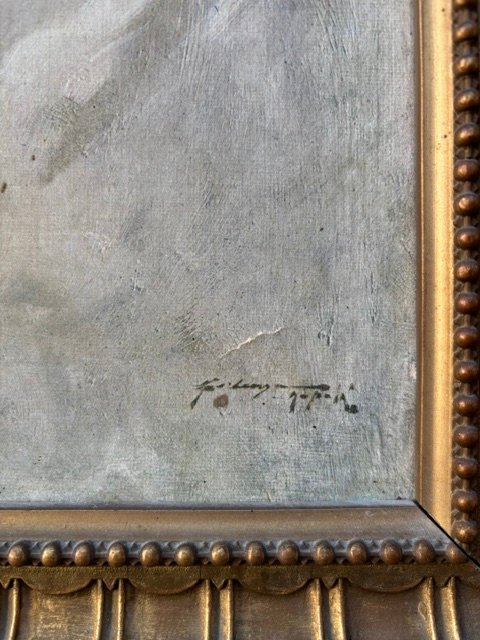 Dipinto ad olio su tela con firma indecifrata in cornice originale-photo-3