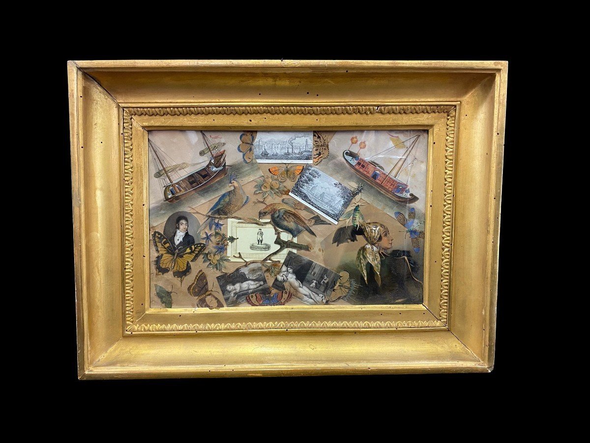 Collage di diverse figure in carta applicate su tela, in cornice coeva dell'800,
