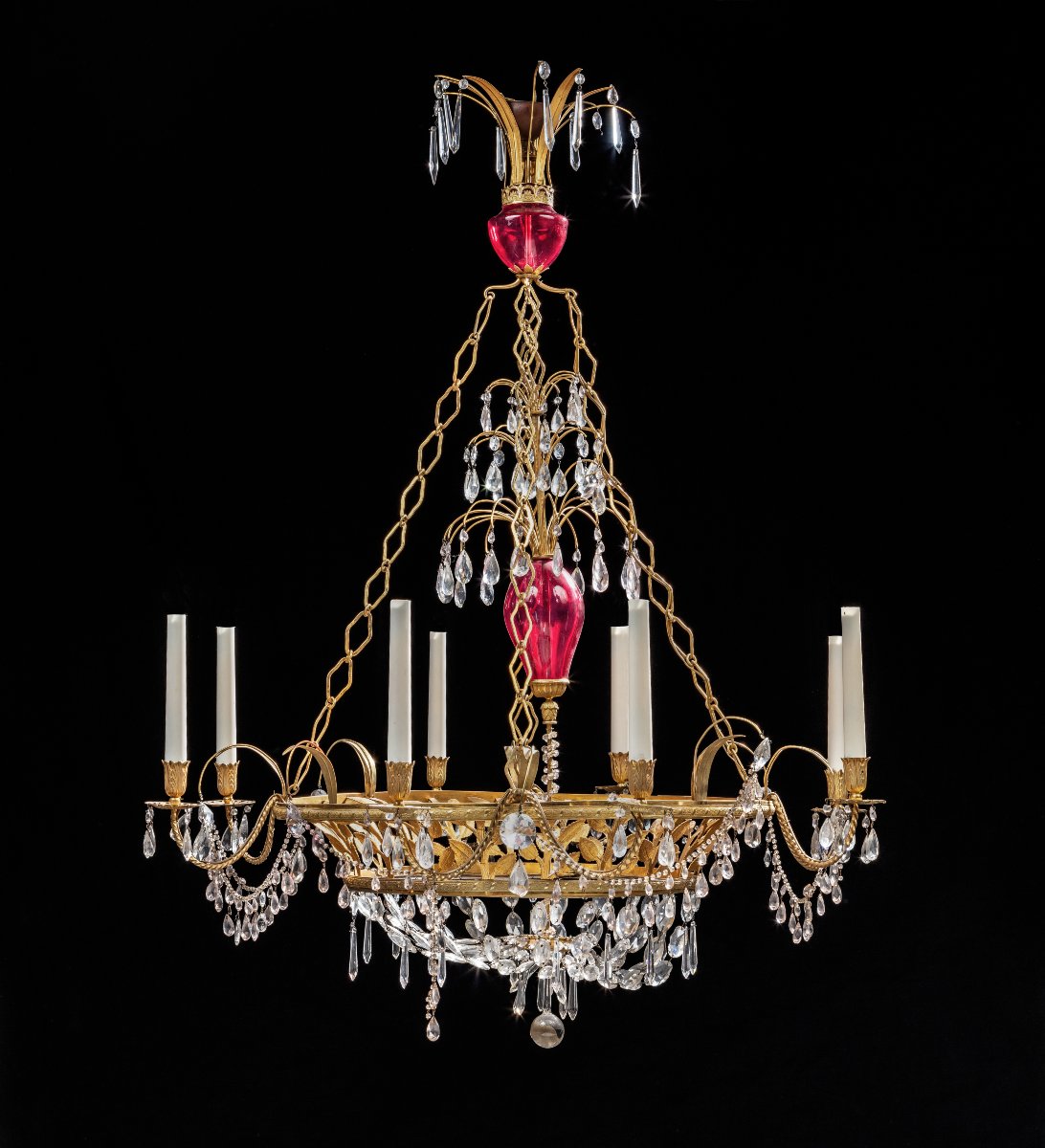 Lampadario svedese in bronzo dorato , vetro e vetro color rosa-photo-2