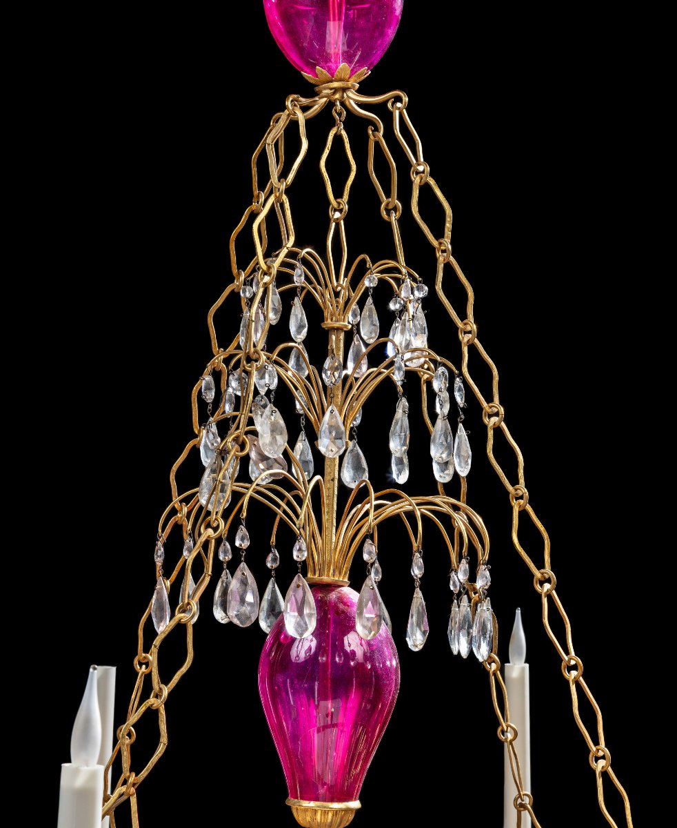 Lampadario svedese in bronzo dorato , vetro e vetro color rosa-photo-3