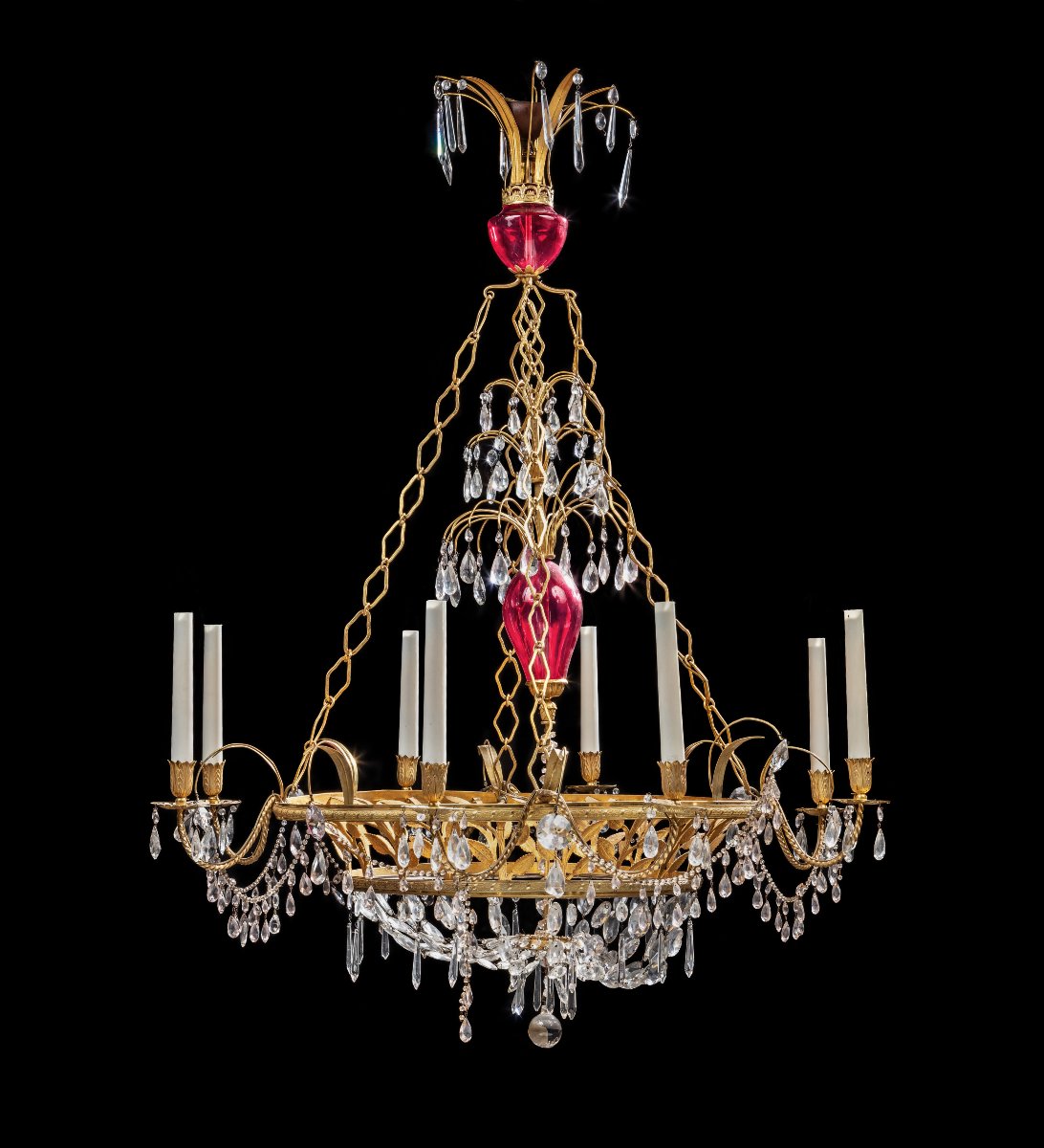 Lampadario svedese in bronzo dorato , vetro e vetro color rosa