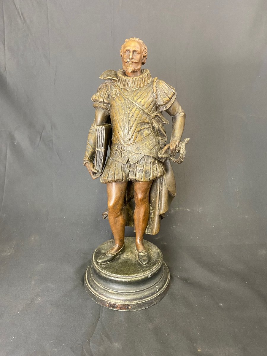 Scultura raffigurante Cervantes in antimonio, sulla base marchio di fabbrica di fonderia