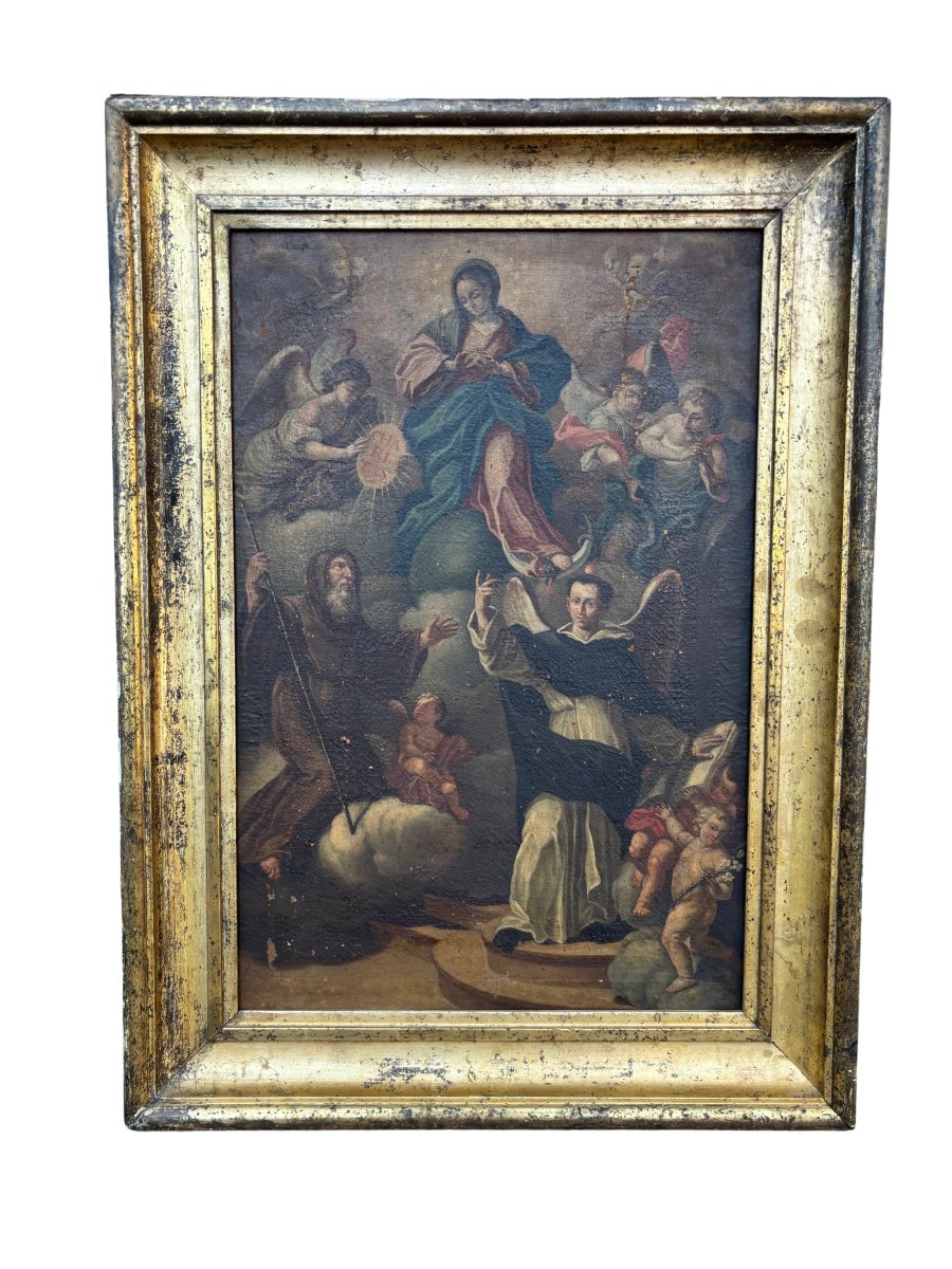 Dipinto ad  olio su tela raffigurante l'Assunzione della Vergine con Santi 