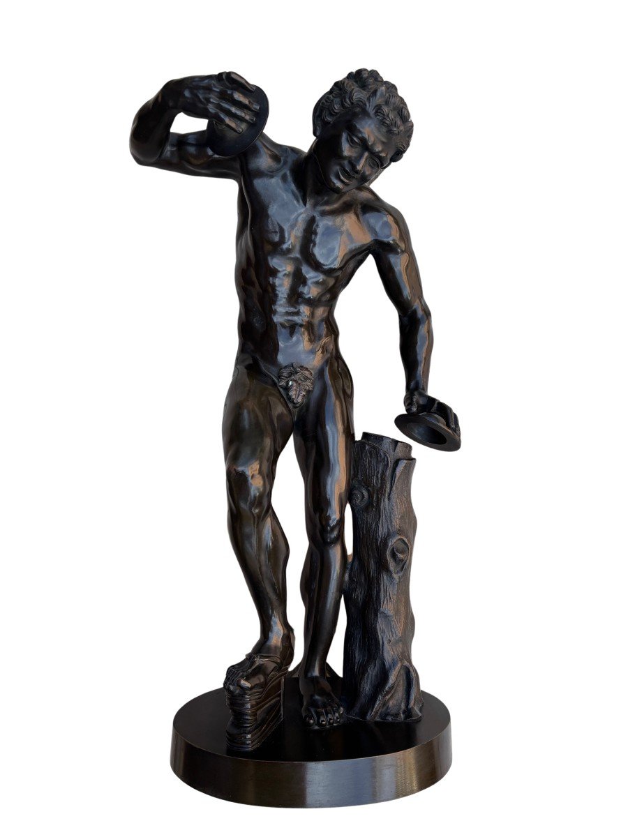 scultura in bronzo firmata "Duchemin" raffigurante Fauno danzante con cembali