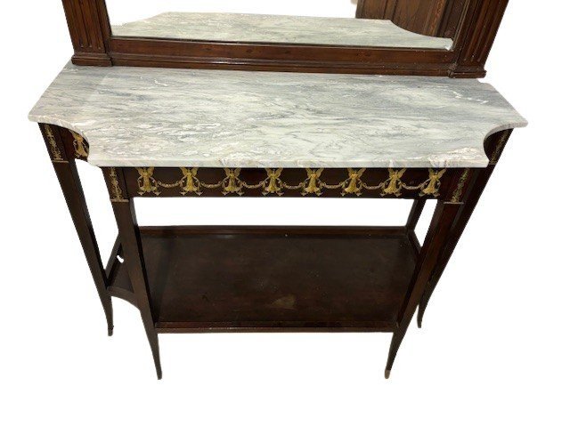 Consolle napoletana in mogano con piano in marmo cipollino e fregi in bronzo dorato-photo-2