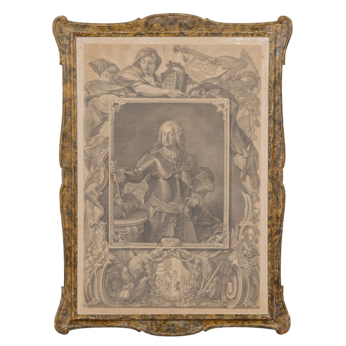 Incisione raffigurante l'imperatore Francesco 1° nella sua cornice originale in legno laccato a