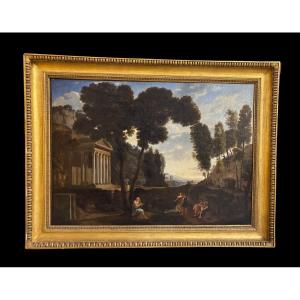 Dipinto neoclassico con figure ed architetture nella sua cornice originale