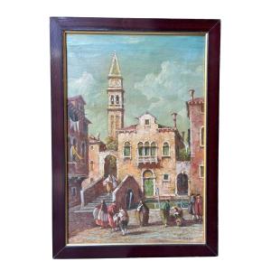 Dipinto olio su tela raffigurante  uno scorcio di Venezia firmato E. Zeno
