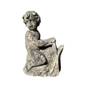 Gruppo in pietra per fontana con fanciullo e delfino