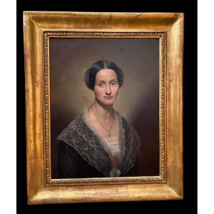 dipinto neoclassico, olio su tela, raffigurante una dama in cornice in legno dorato