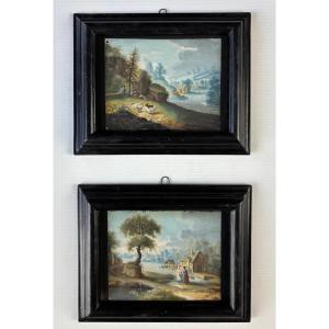 coppia di dipinti a tempera su carta
