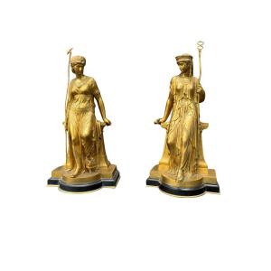Coppia di sculture in bronzo dorato e marmo firmate e datate " Bouret 1872 "