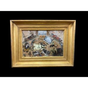 Collage di diverse figure in carta applicate su tela, in cornice coeva dell'800,