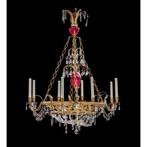 Lampadario svedese in bronzo dorato , vetro e vetro color rosa