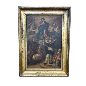 Dipinto ad  olio su tela raffigurante l'Assunzione della Vergine con Santi 