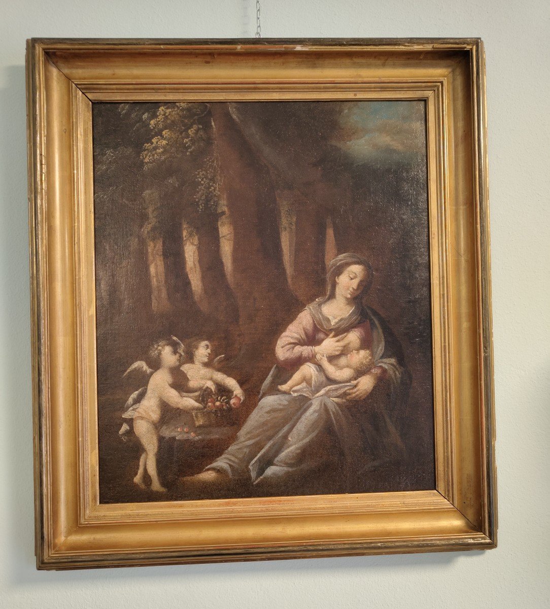 Dipinto olio su tela Vergine con bambino e due putti -photo-3