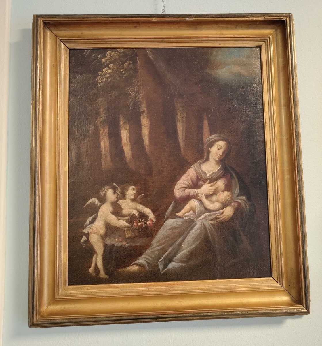 Dipinto olio su tela Vergine con bambino e due putti 