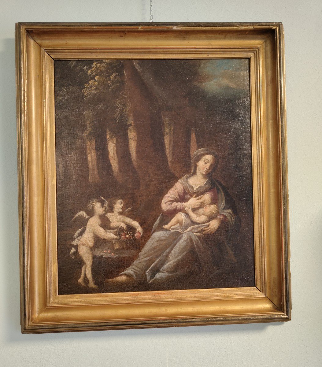 Dipinto Ad Olio Su Tela Madonna col Bambino e Due Putti-photo-2