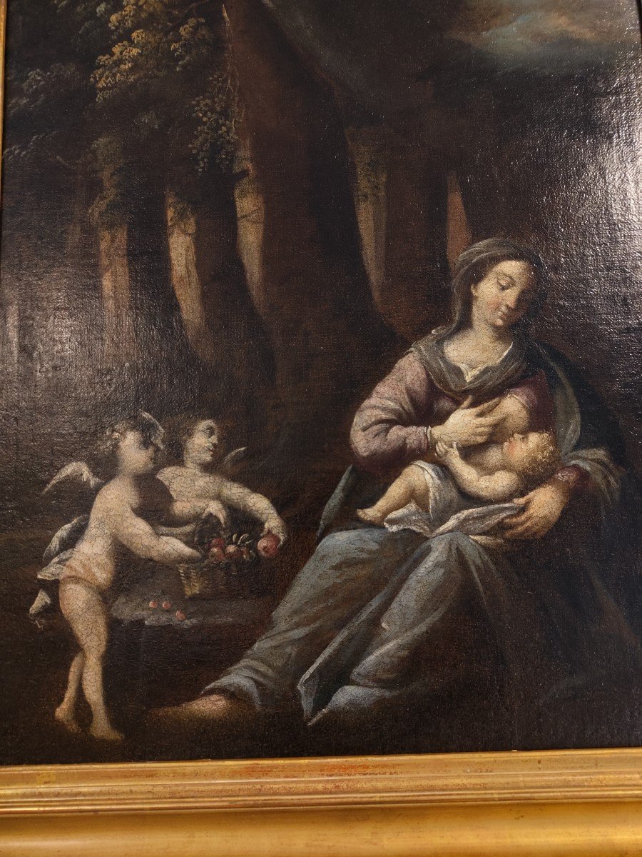 Dipinto Ad Olio Su Tela Madonna col Bambino e Due Putti-photo-3