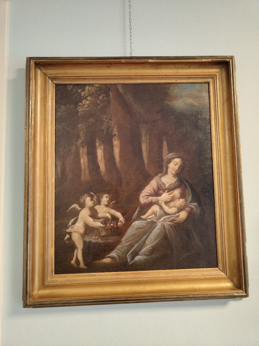 Dipinto Ad Olio Su Tela Madonna col Bambino e Due Putti