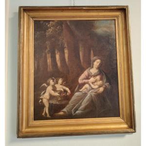 Dipinto olio su tela Vergine con bambino e due putti 