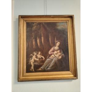 Dipinto Ad Olio Su Tela Madonna col Bambino e Due Putti