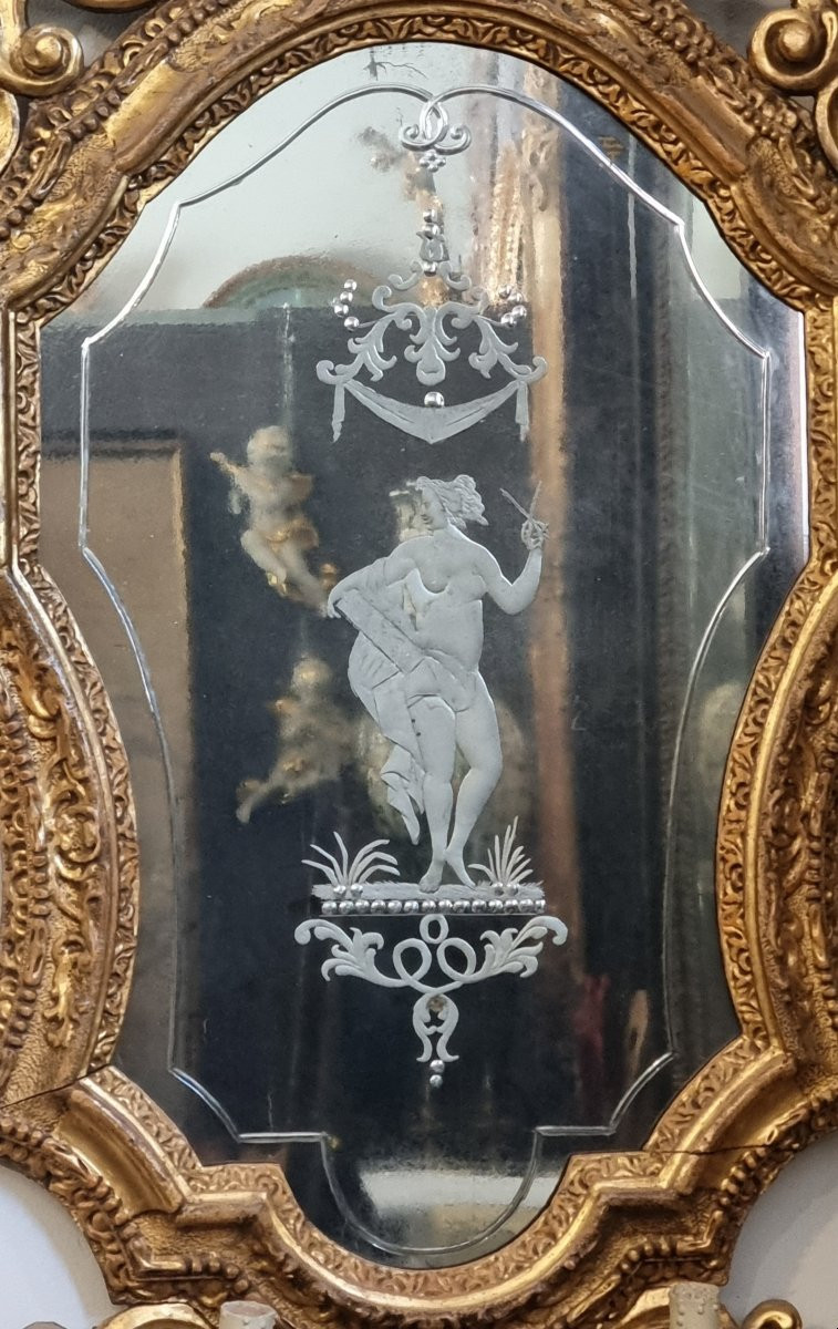 Grande luniera veneziana del XVIII secolo con specchio inciso – raffigurazione mitologica-photo-4