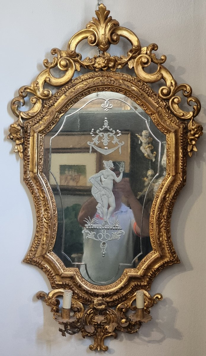Grande luniera veneziana del XVIII secolo con specchio inciso – raffigurazione mitologica-photo-5