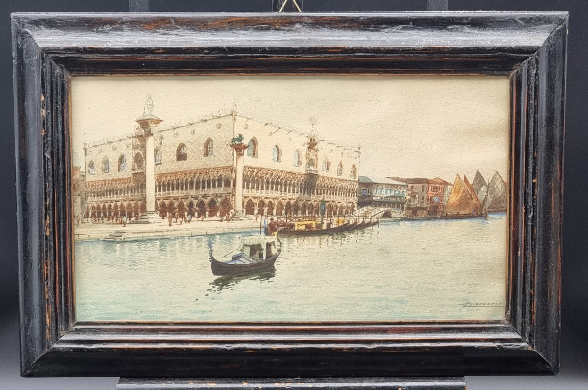 Veduta del Palazzo Ducale – Acquarello firmato Biondetti, inizio XX secolo-photo-2