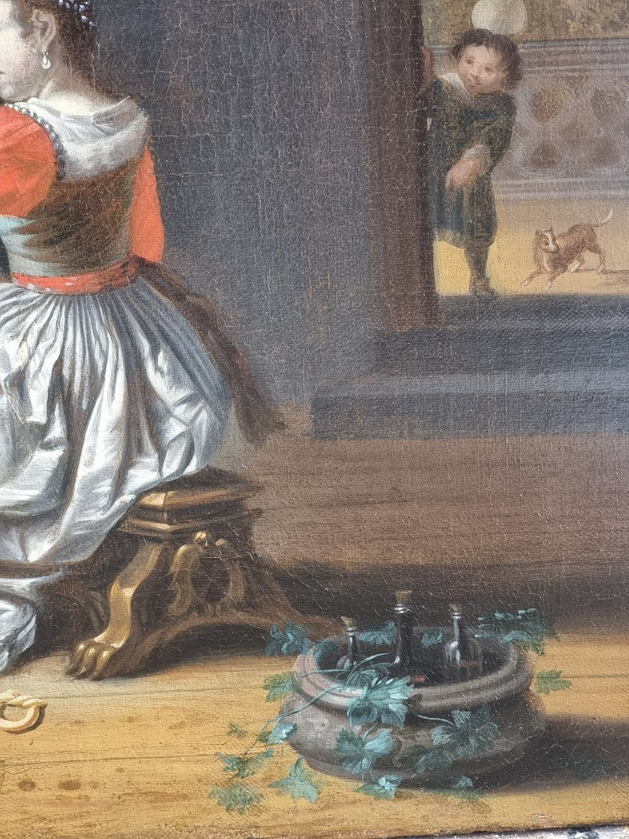 Interno elegante con gentiluomo musicista, dama e cane – Scuola olandese del XVII secolo-photo-3
