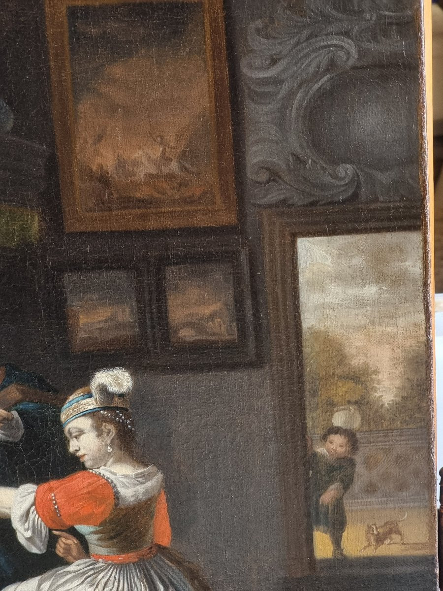 Interno elegante con gentiluomo musicista, dama e cane – Scuola olandese del XVII secolo-photo-1
