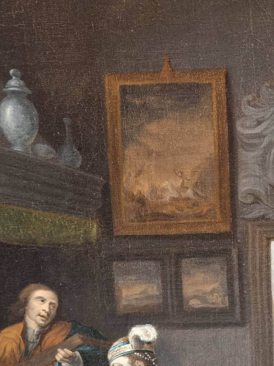 Interno elegante con gentiluomo musicista, dama e cane – Scuola olandese del XVII secolo-photo-2