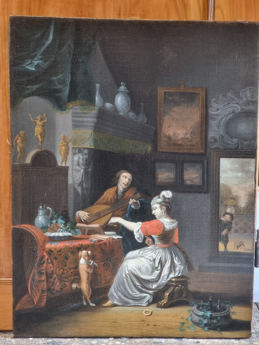 Interno elegante con gentiluomo musicista, dama e cane – Scuola olandese del XVII secolo-photo-5