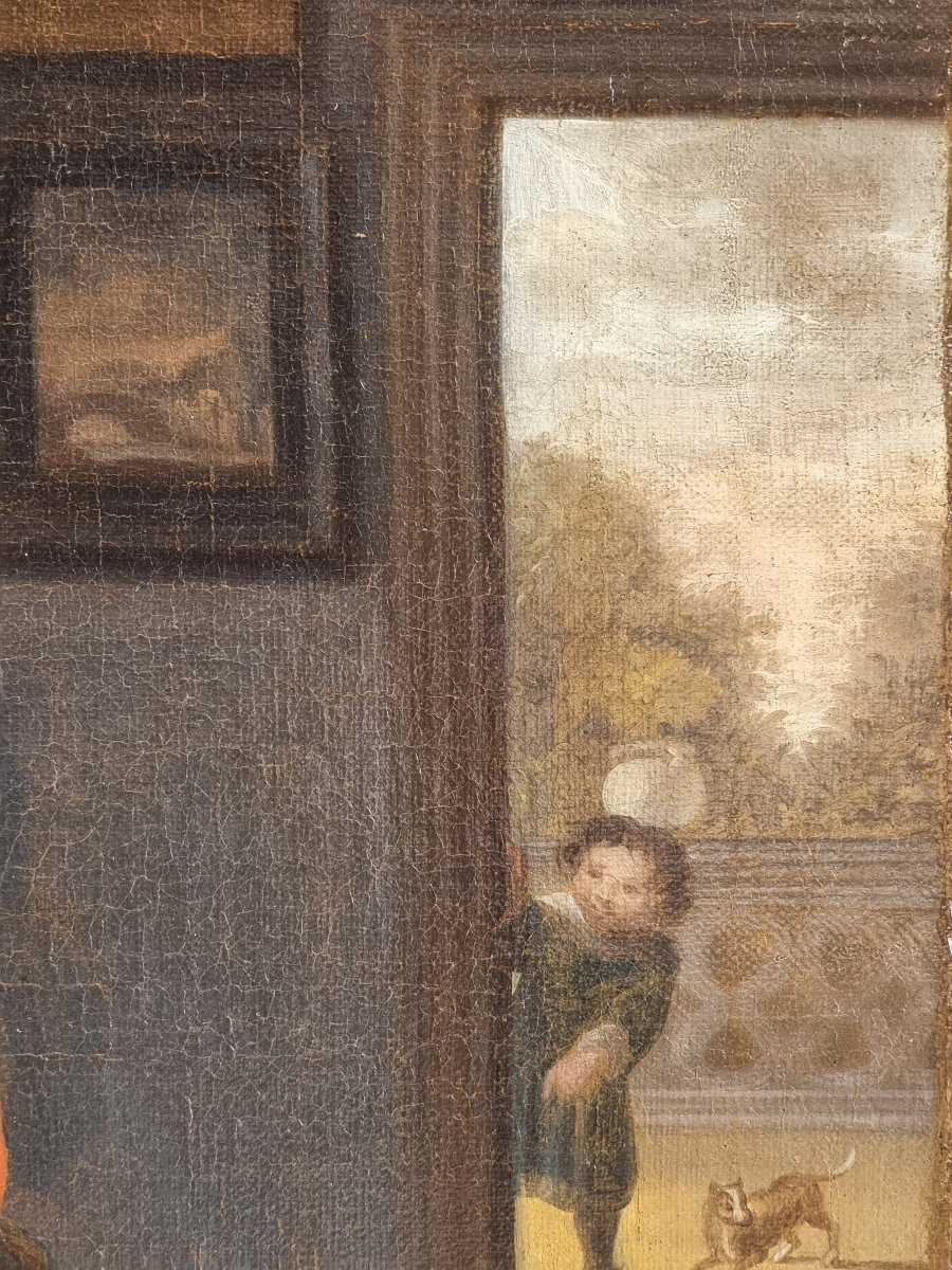 Interno elegante con gentiluomo musicista, dama e cane – Scuola olandese del XVII secolo-photo-6