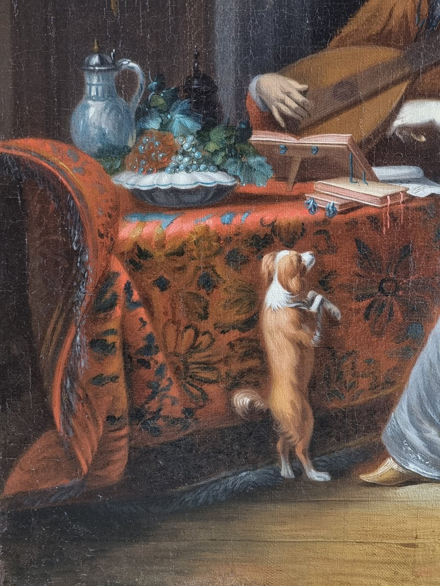 Interno elegante con gentiluomo musicista, dama e cane – Scuola olandese del XVII secolo-photo-7