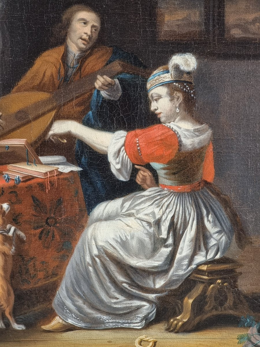 Interno elegante con gentiluomo musicista, dama e cane – Scuola olandese del XVII secolo-photo-8