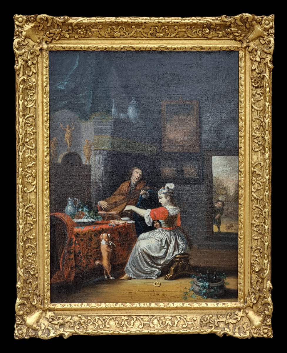 Interno elegante con gentiluomo musicista, dama e cane – Scuola olandese del XVII secolo