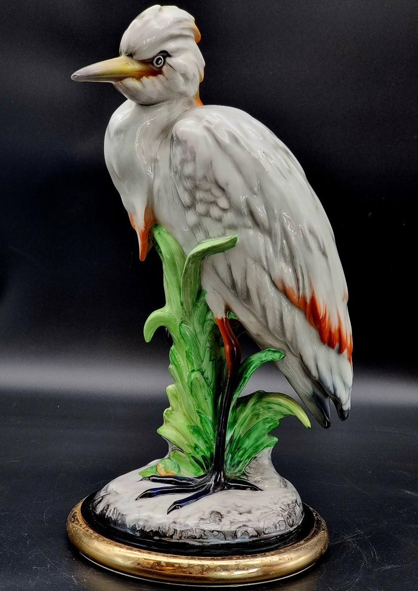 Scultura ceramica anni '50 raffigurante airone marino su base vegetale