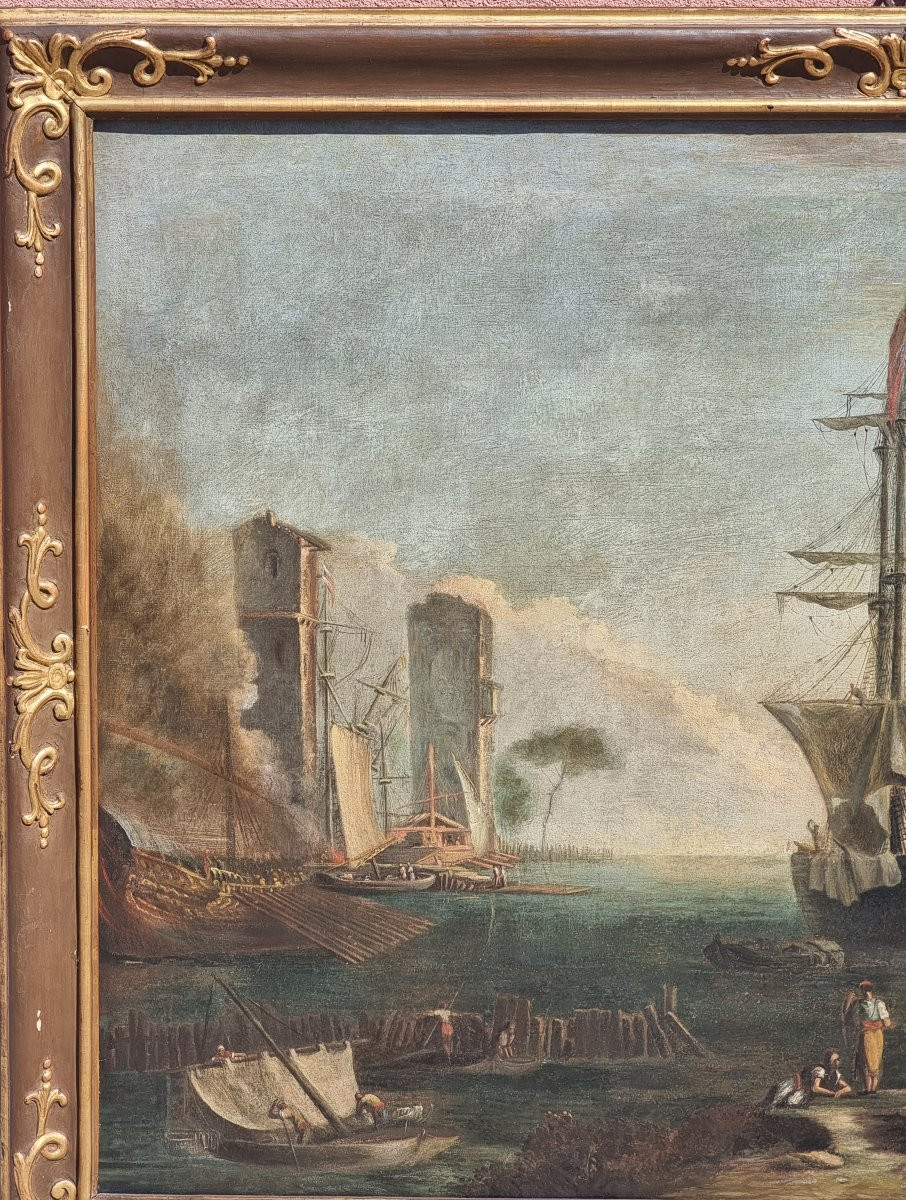 Porto veneziano animato con velieri e galee – Scuola veneta, primo Settecento-photo-1