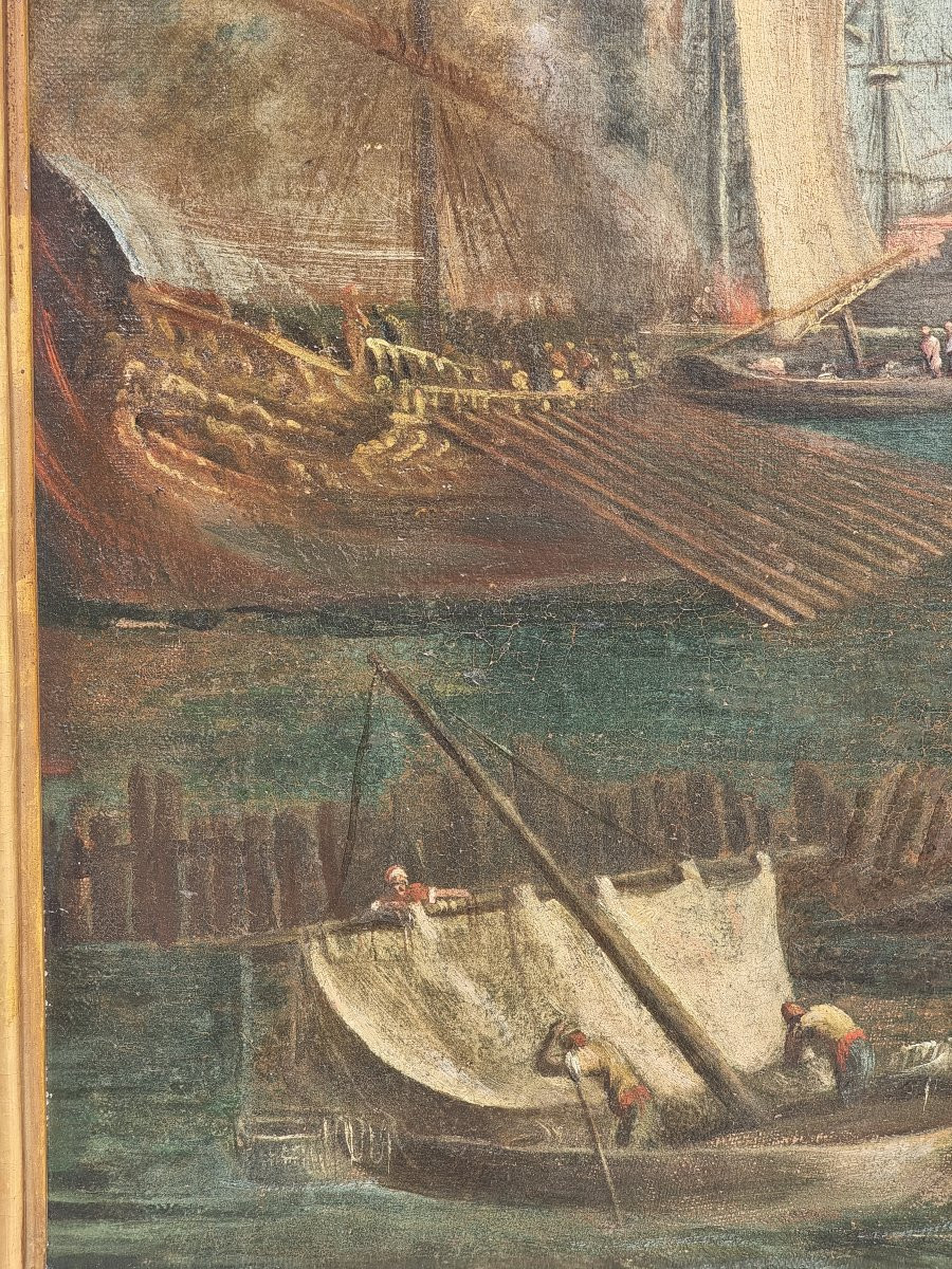 Porto veneziano animato con velieri e galee – Scuola veneta, primo Settecento-photo-3