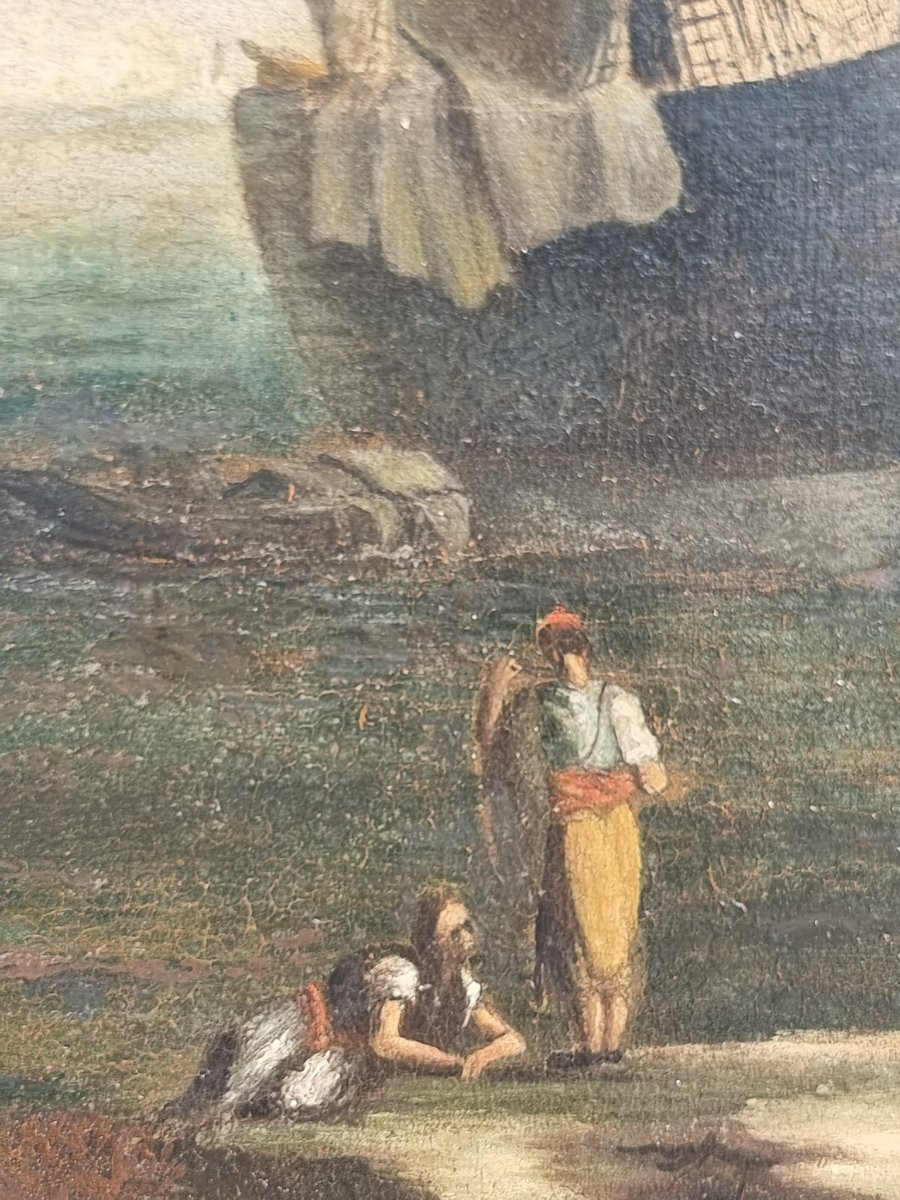 Porto veneziano animato con velieri e galee – Scuola veneta, primo Settecento-photo-7
