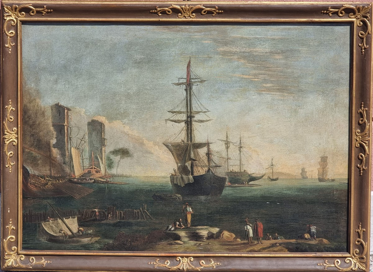 Porto veneziano animato con velieri e galee – Scuola veneta, primo Settecento