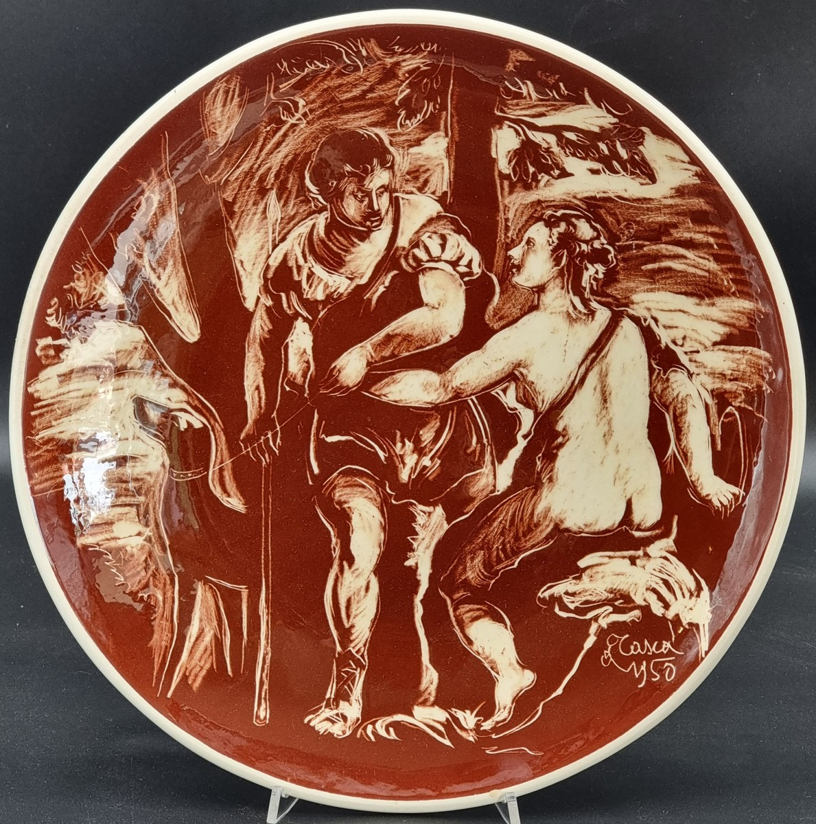 Coppia di piatti in ceramica a graffito, Alessio Tasca, Nove, anni 1950