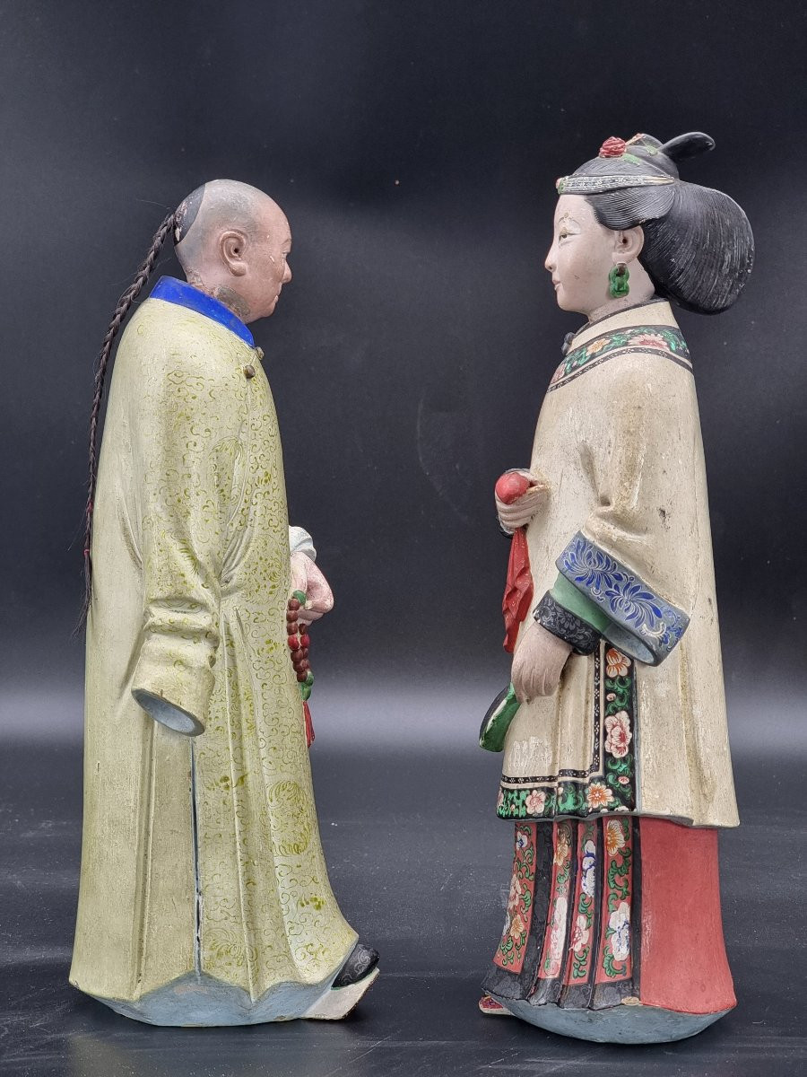 Coppia di statuette cinesi in terracotta dipinta – Cina meridionale, fine XIX secolo-photo-2